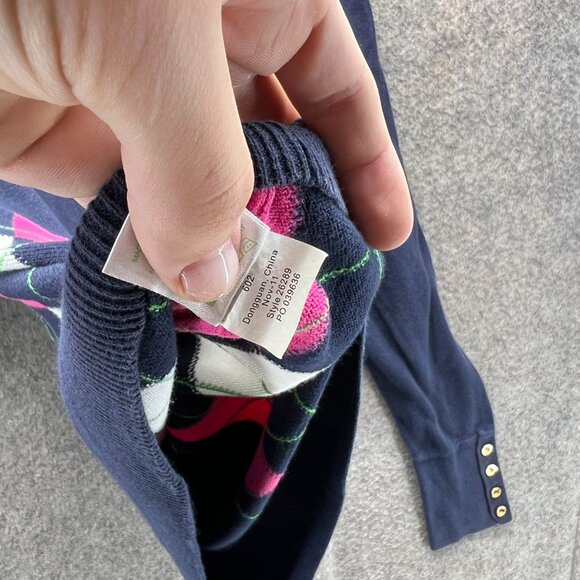 Lilly Pulitzer Sweater Women Large Navy Blue Argyle Cotton V Neck Pullover - Picture 9 of 11